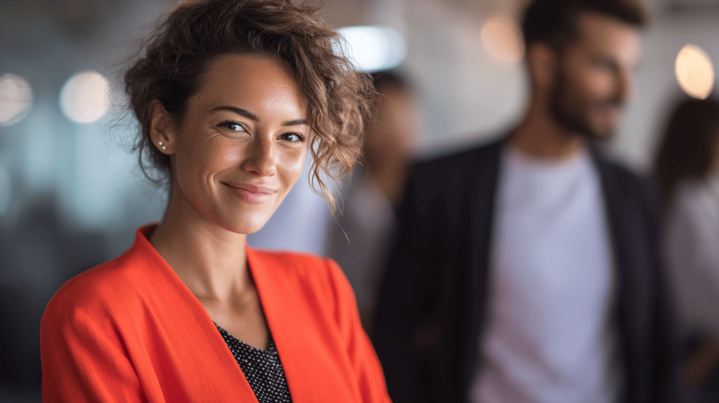 A smiling woman with curly hair wears an orange blazer, standing in a bright, modern office setting.