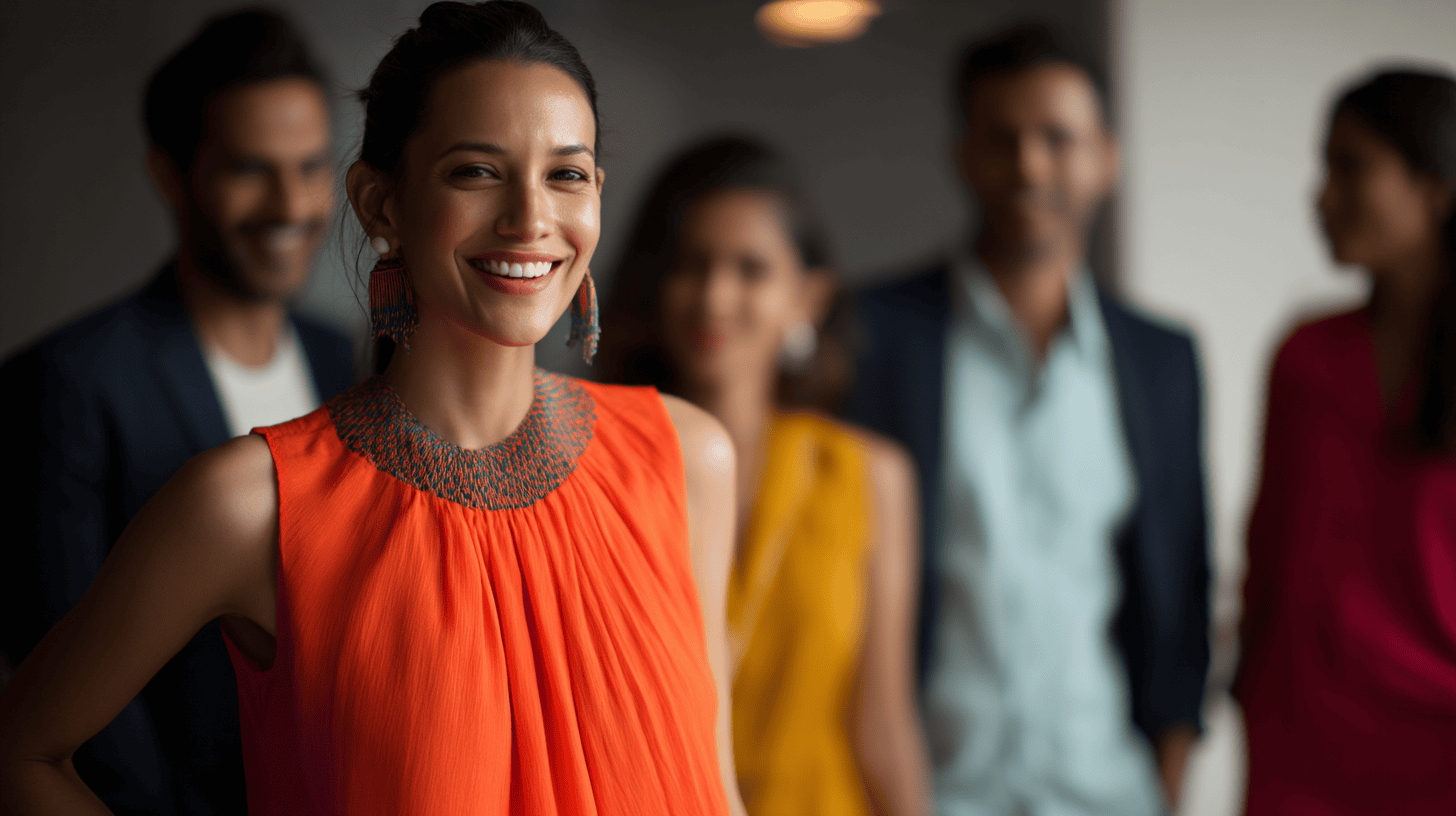 A smiling woman in an orange top stands in focus, with three blurred figures behind her, dressed in colorful attire.