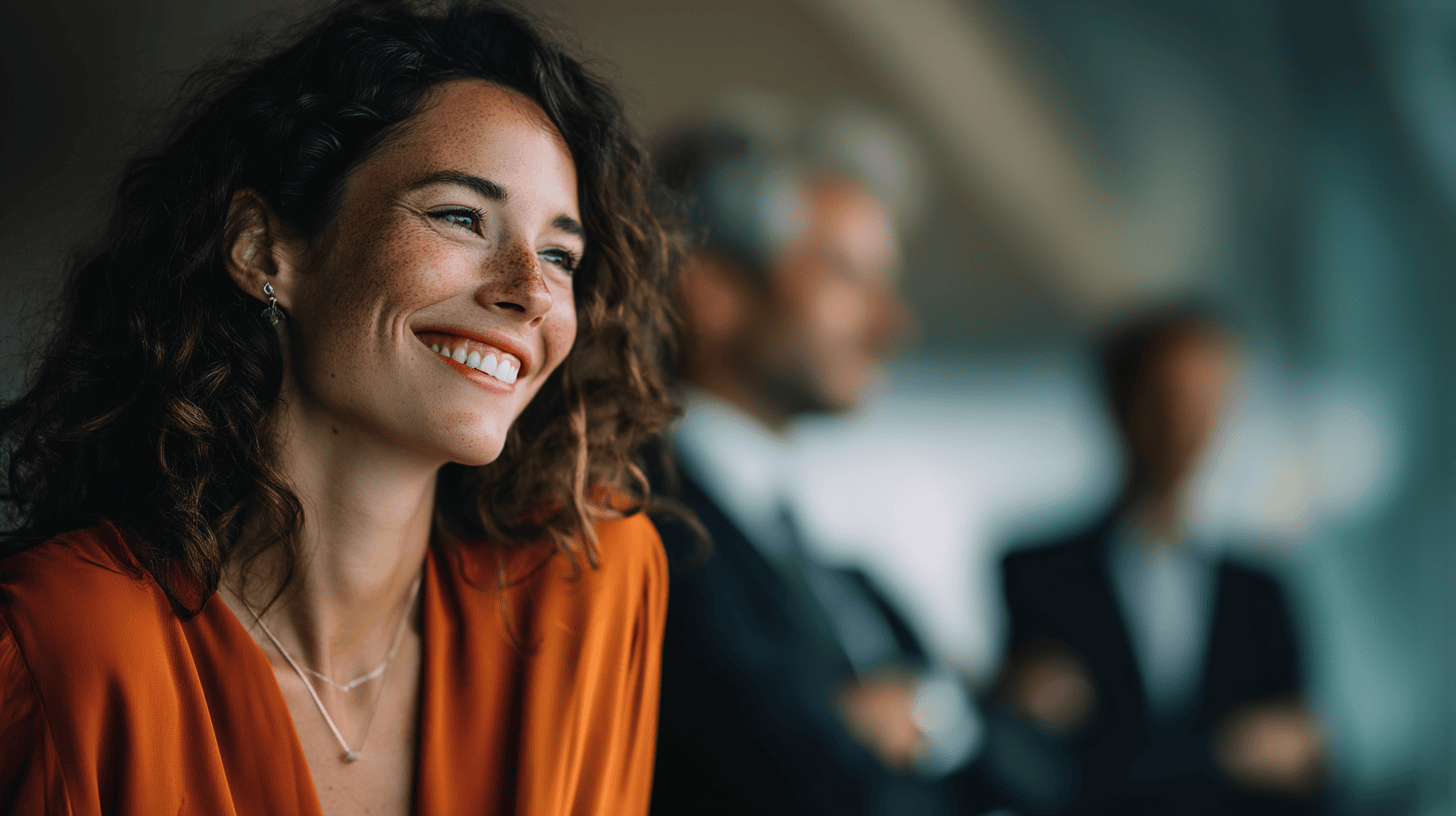 Smiling woman with curly hair in an orange top, background features blurred figures in suits. Bright, professional setting.