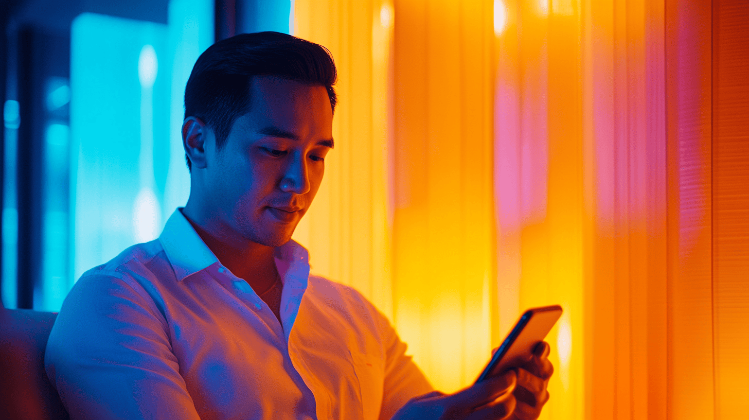 A man in a white shirt sits against a backdrop of colorful lighting, focused on his smartphone.
