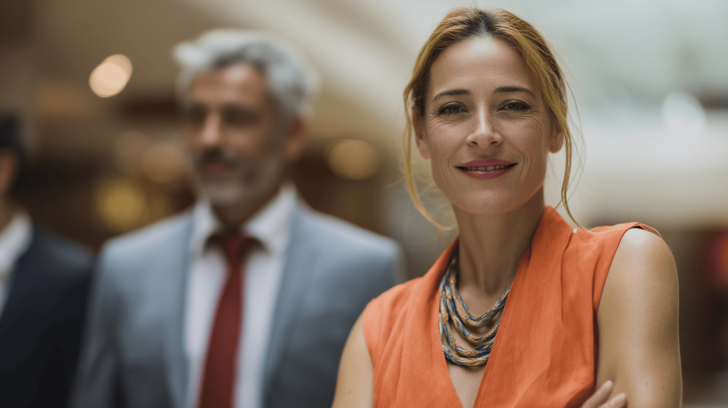 A confident woman in an orange dress and necklace smiles, with two men in formal attire blurred in the background.