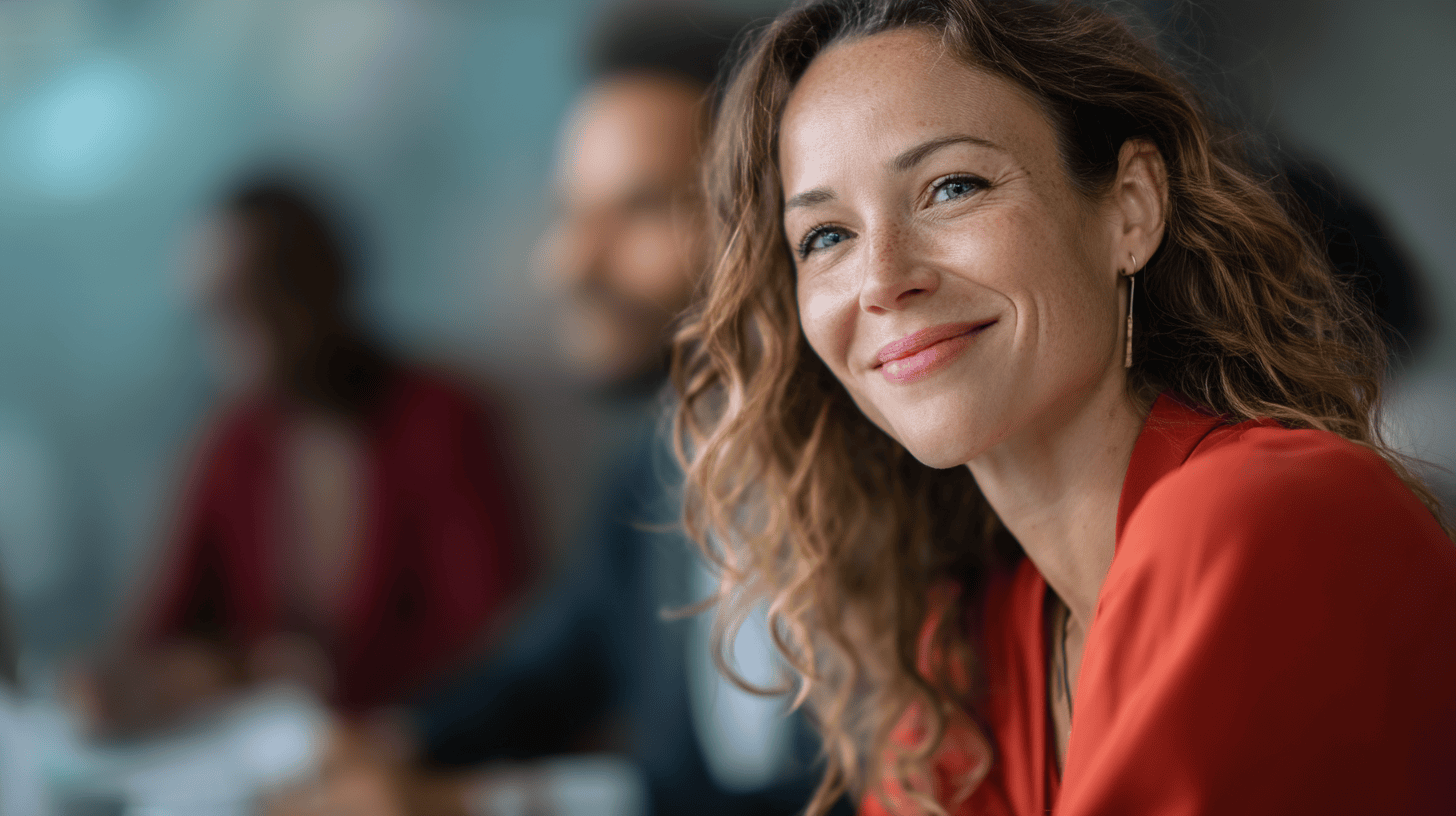 A smiling woman with curly hair, wearing a red blouse, sits at a table with blurred colleagues in the background.