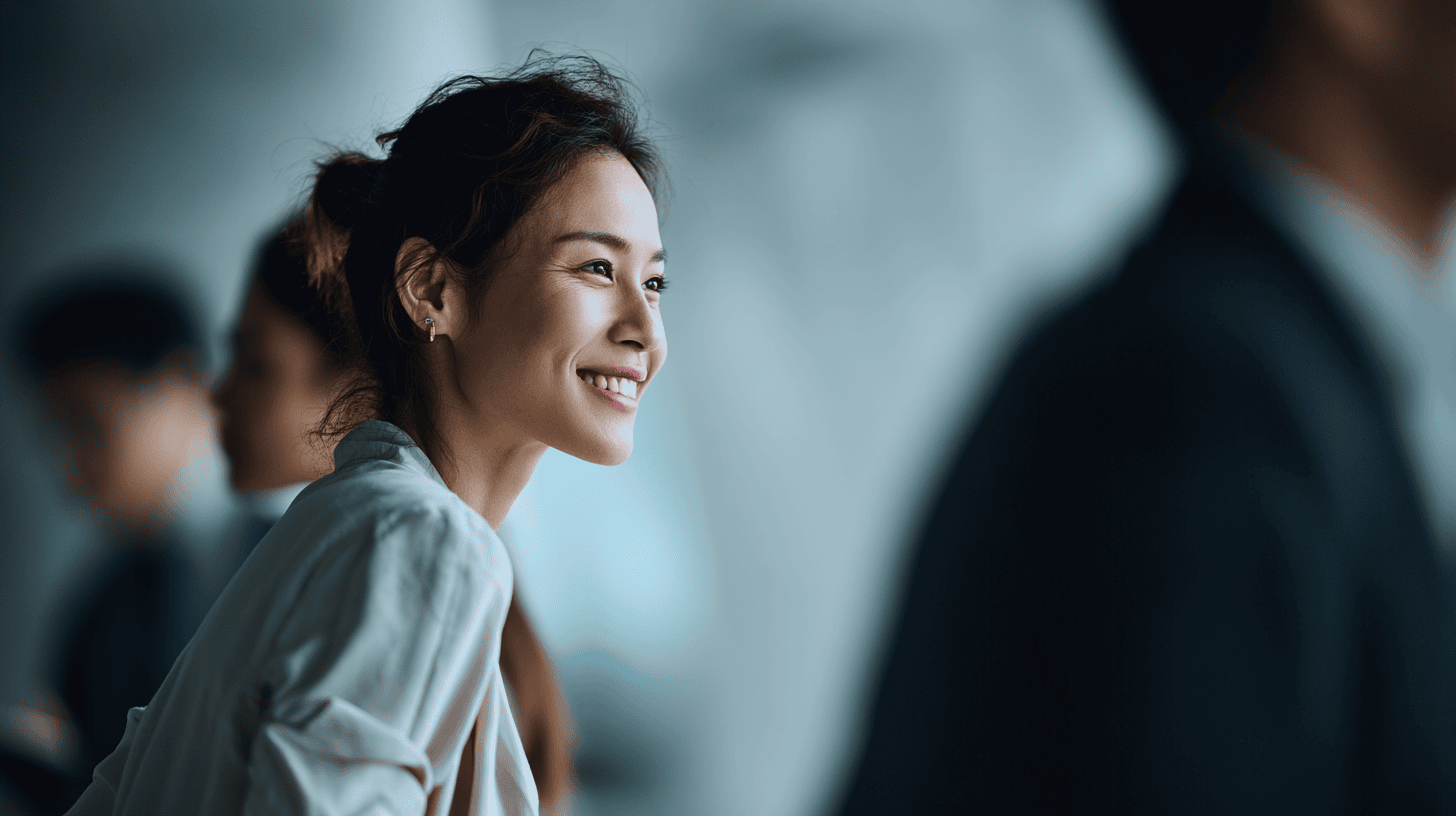 Smiling woman in a light-colored blazer with blurred figures in the background, creating a professional atmosphere.