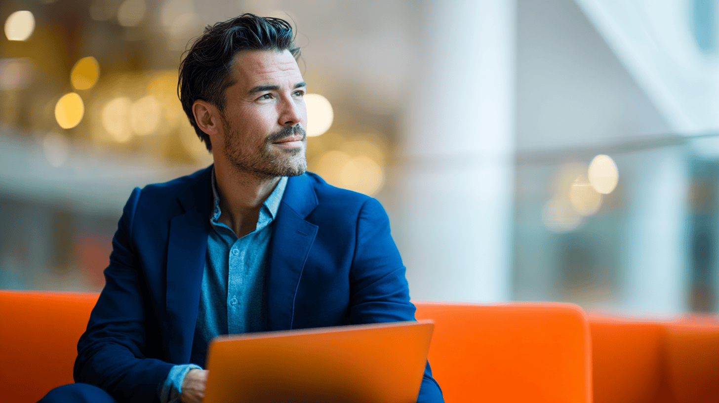 A man in a suit sits on an orange couch, looking thoughtfully while using a laptop in a modern indoor setting.