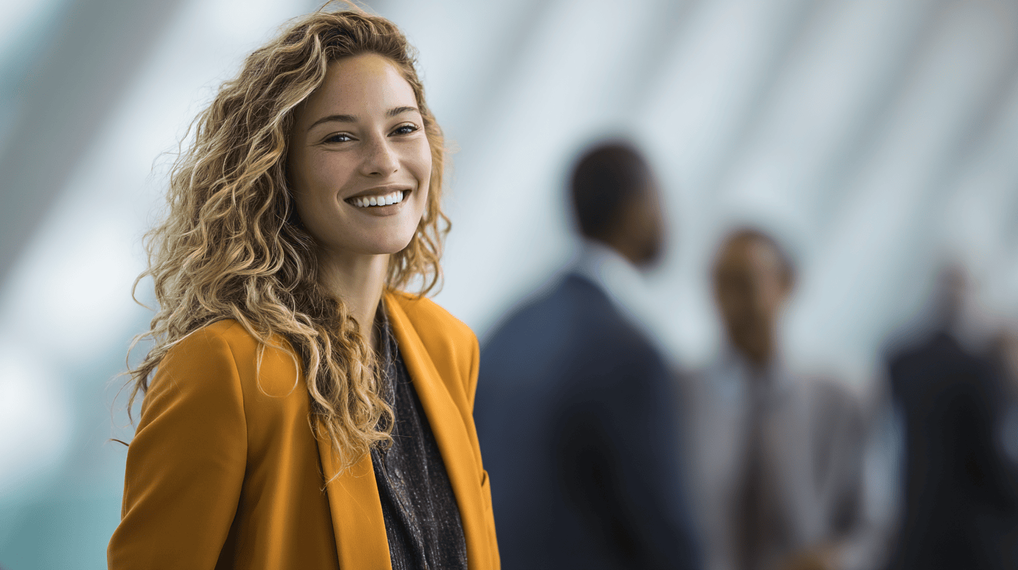 Smiling woman with curly hair in an orange blazer stands confidently, with blurred colleagues in the background.