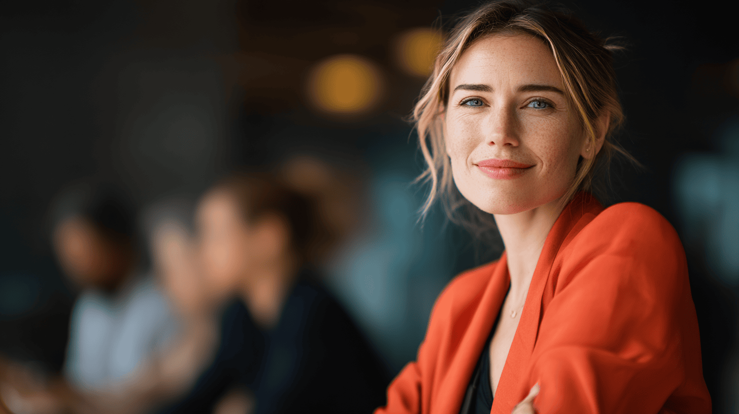 A woman in an orange blazer smiles warmly, with blurred colleagues in the background of a modern workspace.