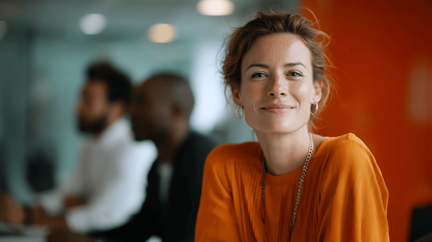 A woman in an orange blouse smiles at the camera, with blurred colleagues visible in the background.