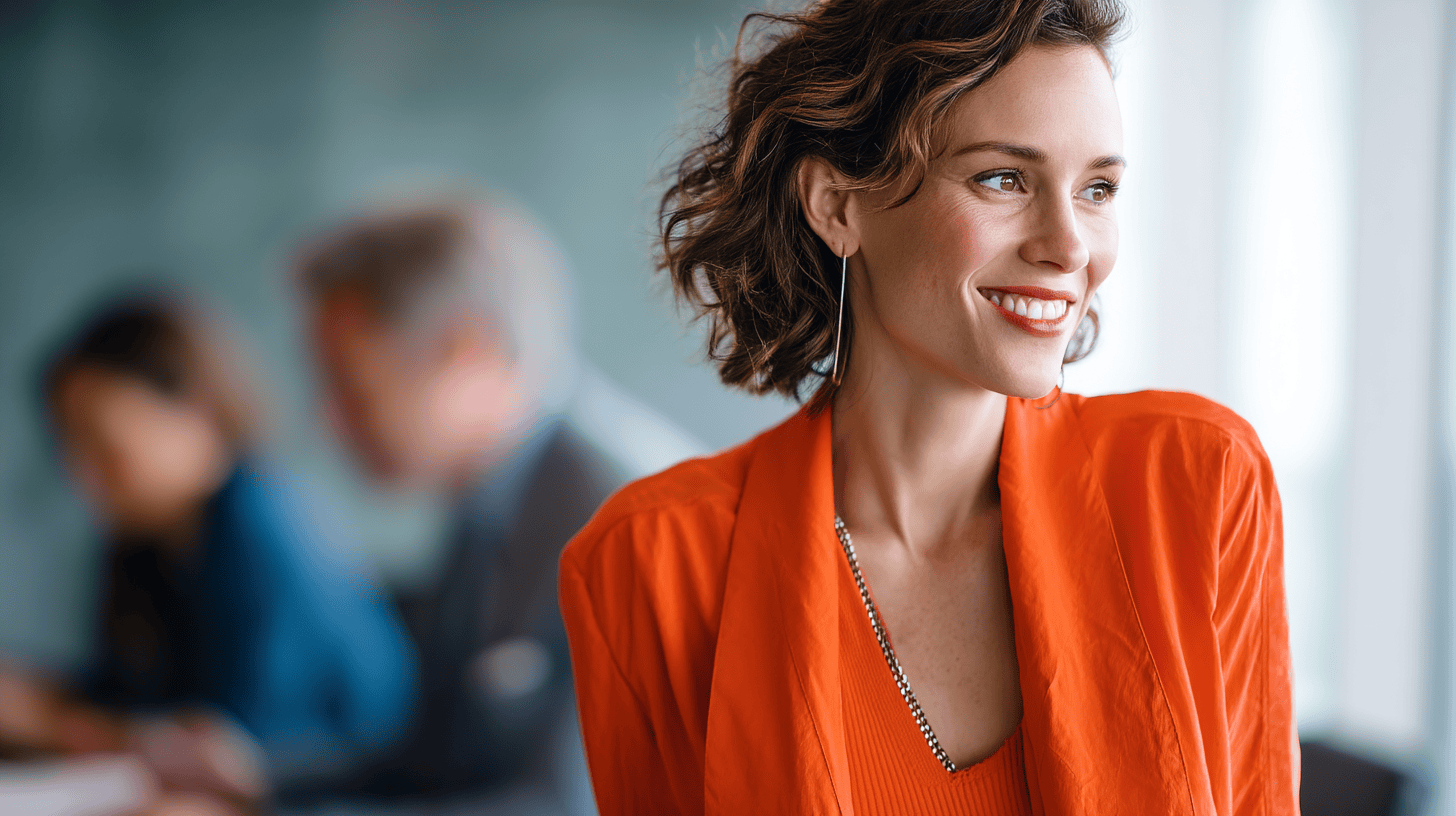 A woman in an orange jacket smiles, with blurred figures in the background, suggesting a professional setting.