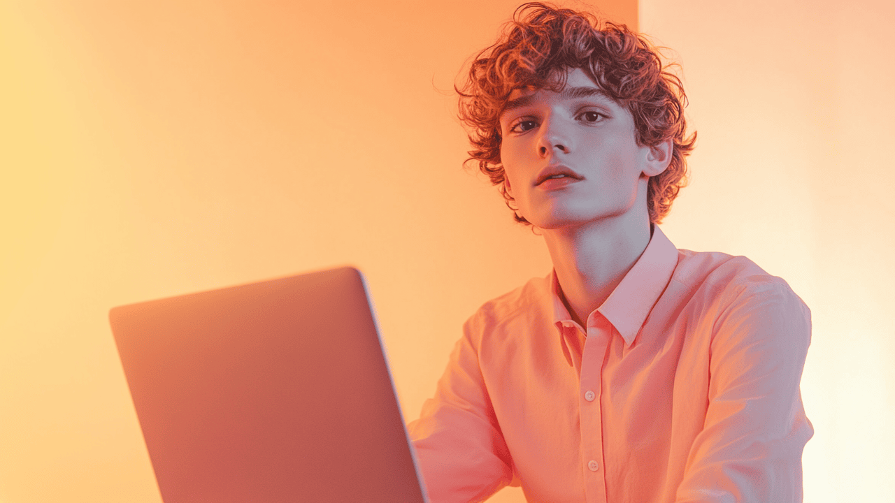 A young person with curly hair sits at a laptop, wearing a pink shirt, against an orange backdrop.