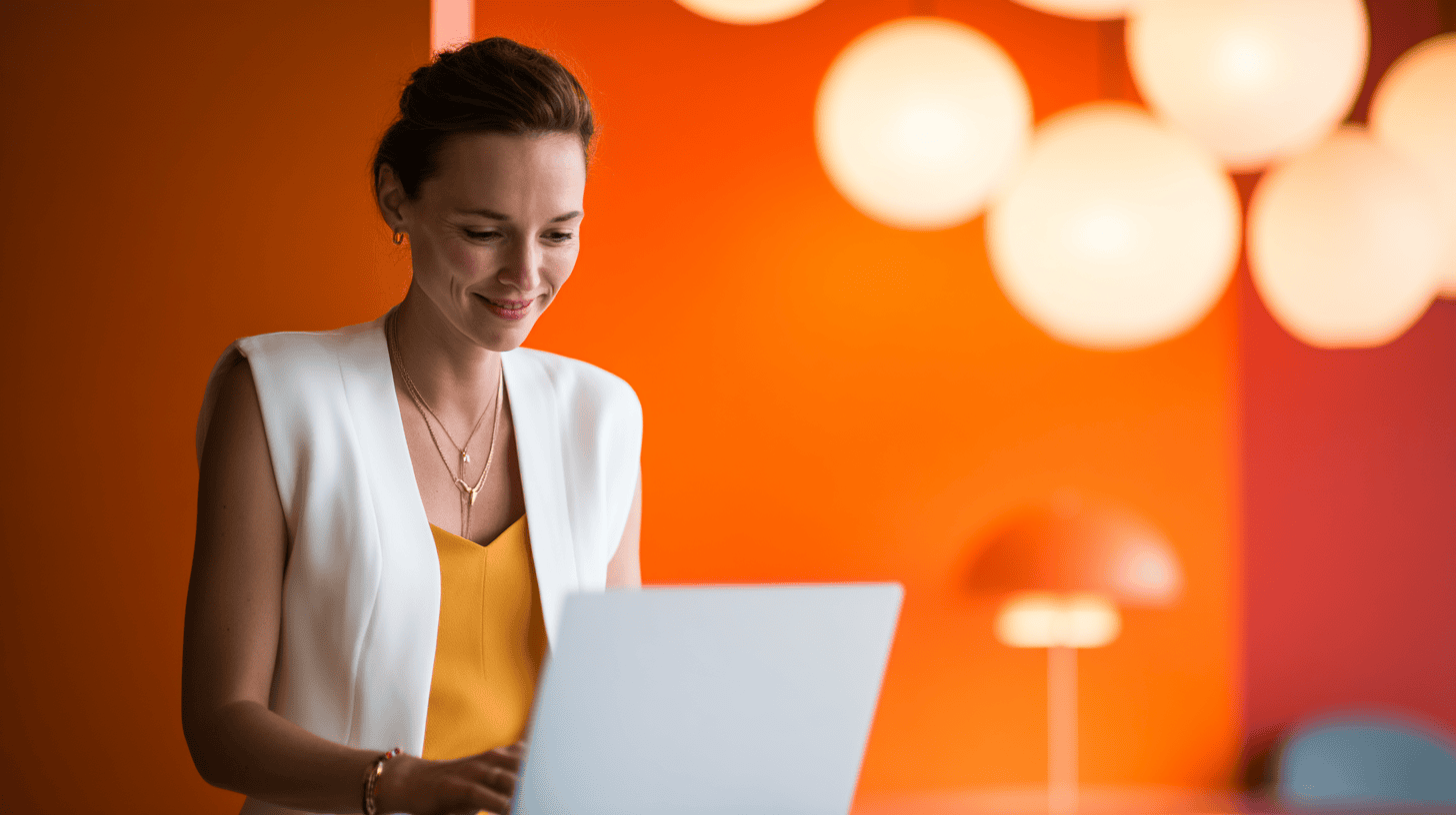 A woman in a white jacket smiles at her laptop, with a vibrant orange background and round pendant lights.