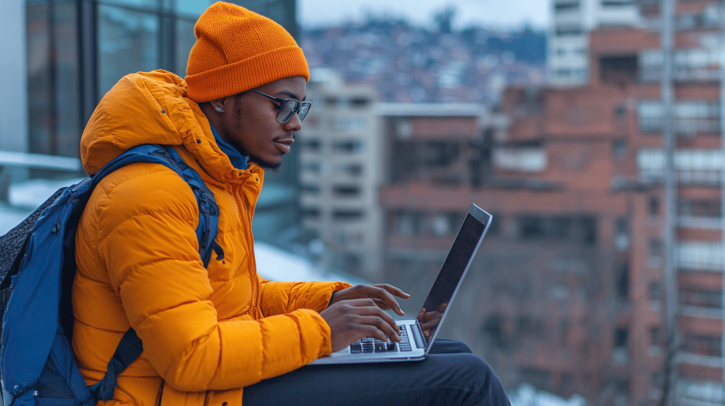A person wearing an orange jacket and beanie types on a laptop outdoors, with city buildings in the background.