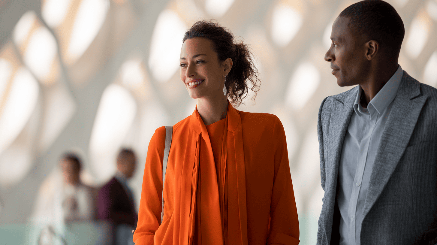 A smiling woman in an orange outfit and a man in a gray blazer stand together in a modern, softly lit space.