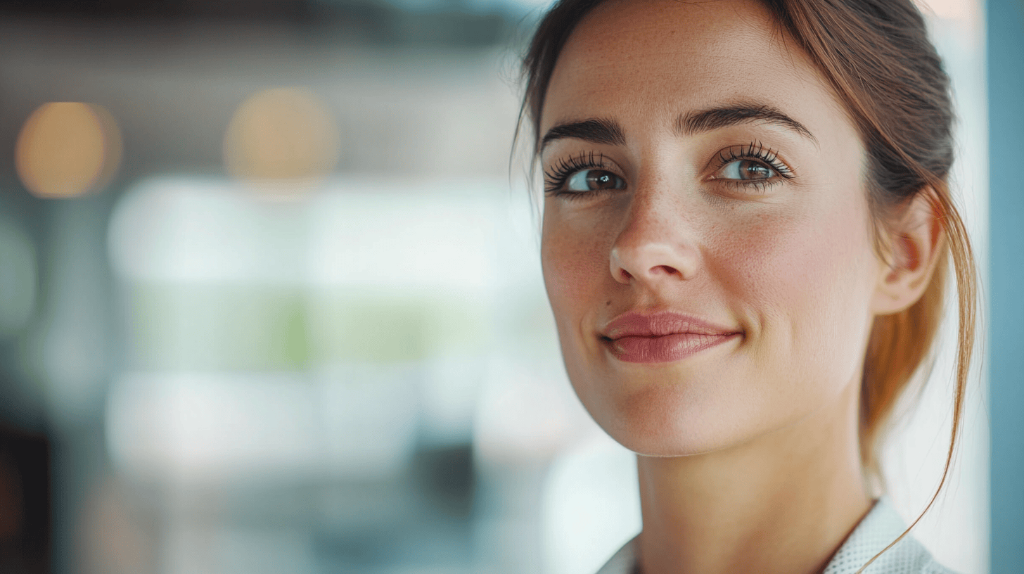 A close-up of a smiling woman with brown hair and bright eyes, set against a blurred background of soft colors.