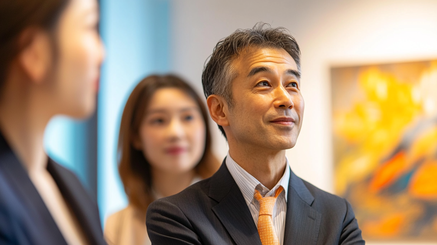 A man in a suit with a thoughtful expression stands in front of two women, with an abstract painting in the background.