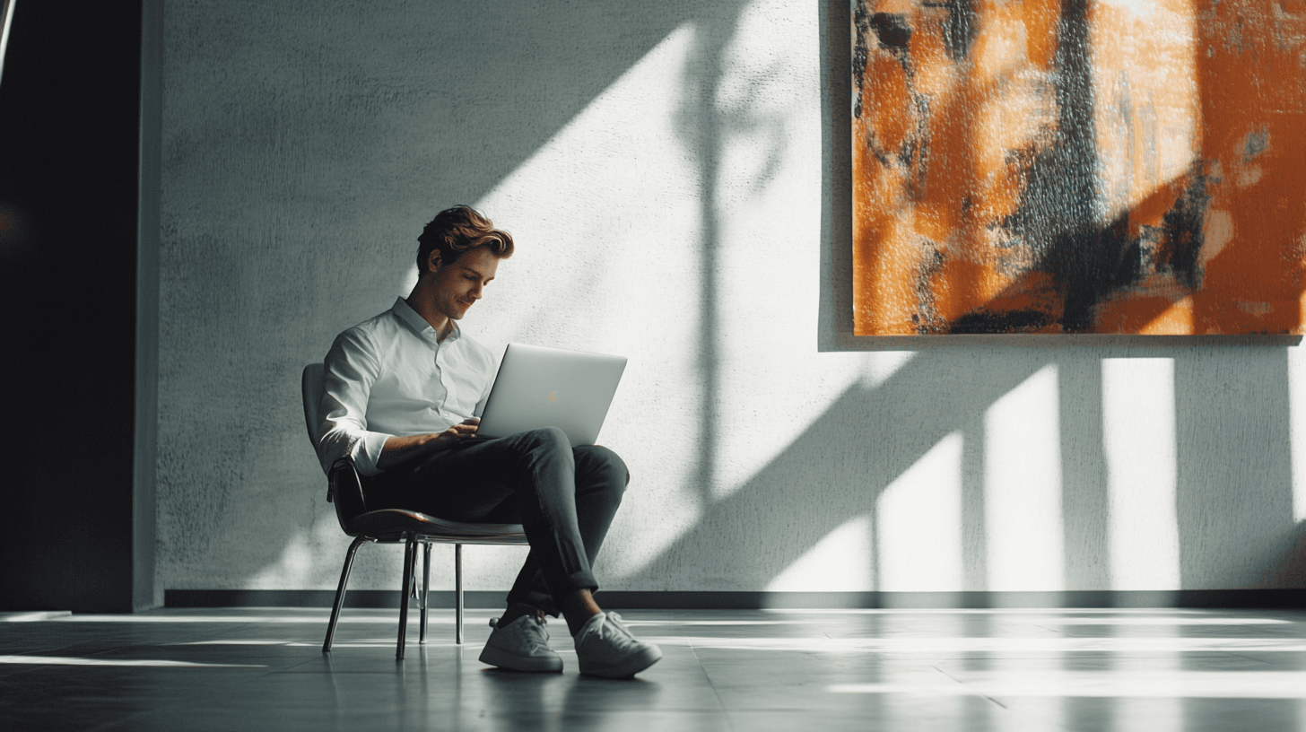 A man sits on a chair, working on a laptop in a sunlit room with an orange abstract painting on the wall.