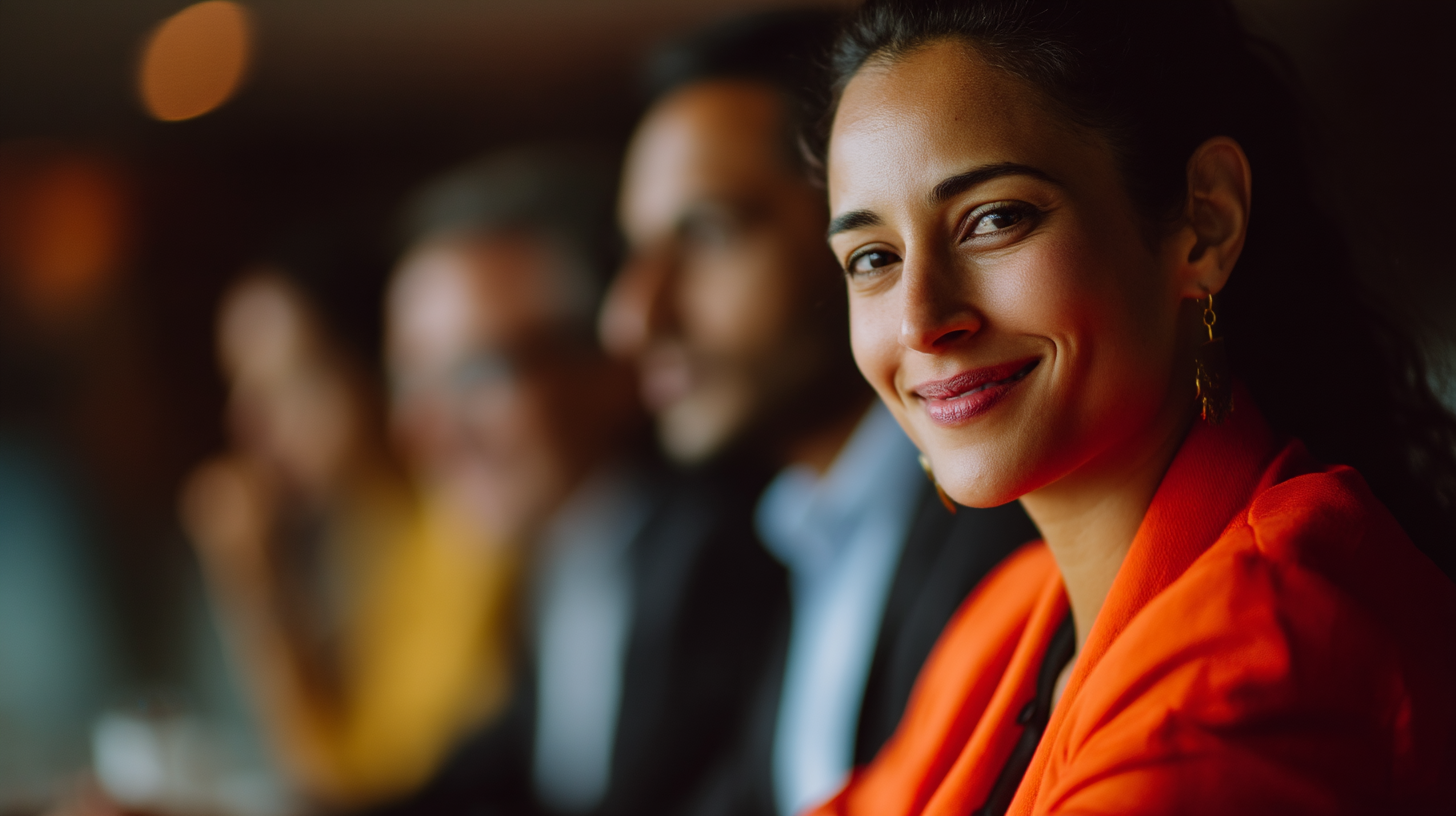 A smiling woman in an orange blazer sits at a table, with blurred figures of people in the background.