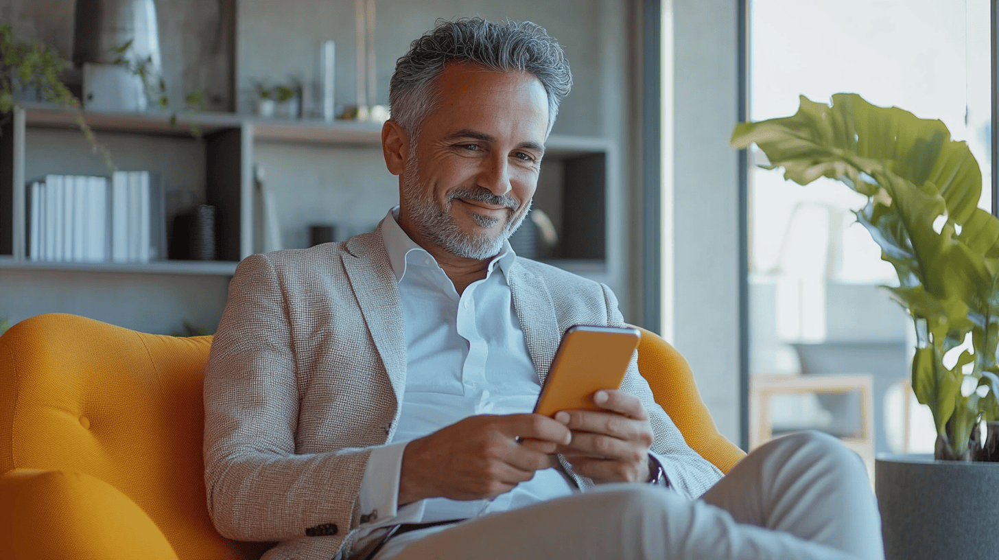 A smiling man in a light suit sits on an orange chair, looking at his smartphone in a modern, sunlit room.
