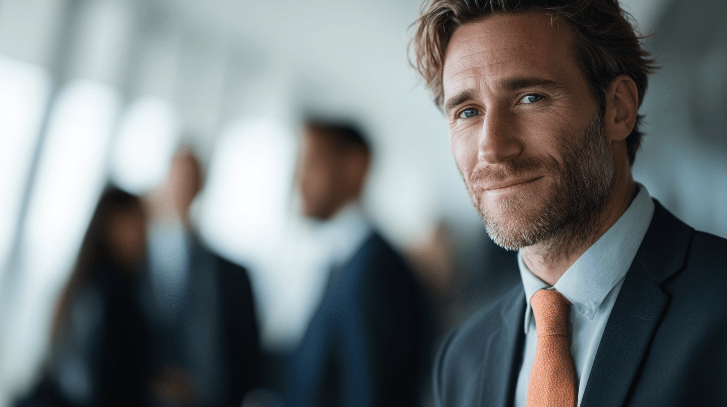 A man in a suit with an orange tie smiles confidently, with blurred figures in the background.