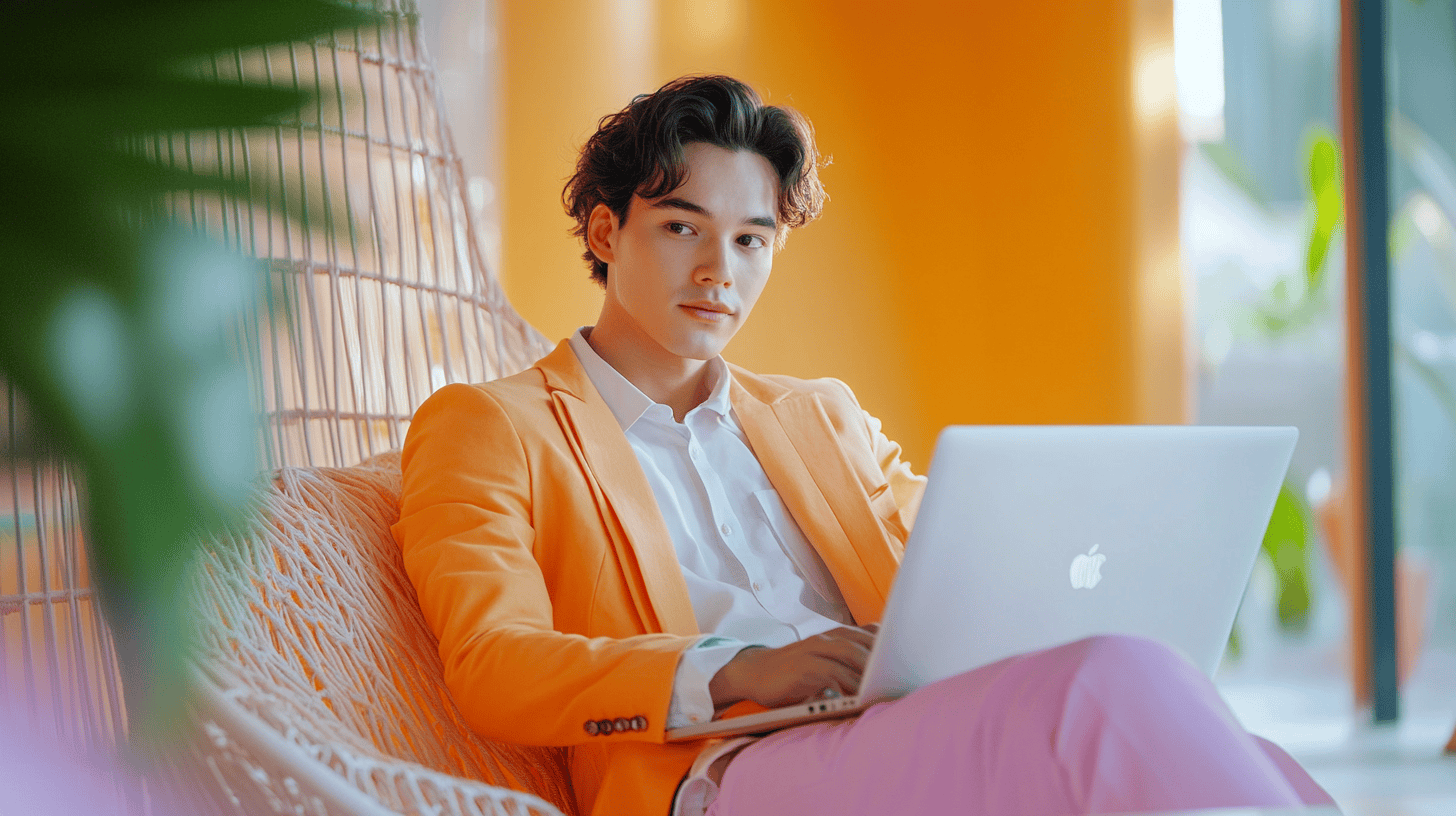 A young man in an orange suit sits with a laptop in a bright, modern space surrounded by plants.