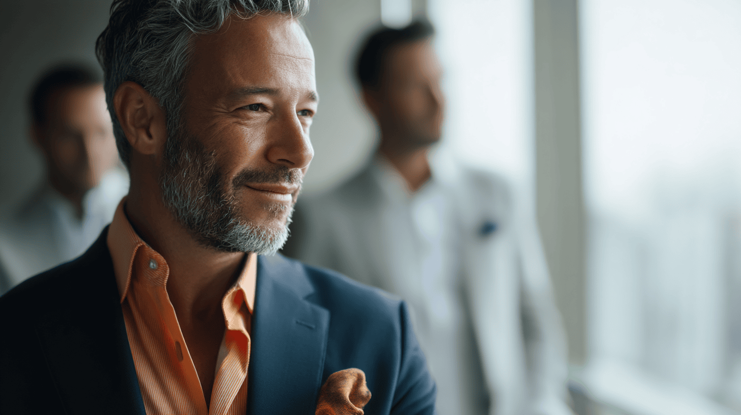 A well-dressed man with a beard smiles thoughtfully, with two blurred figures in the background. Soft natural light fills the room.