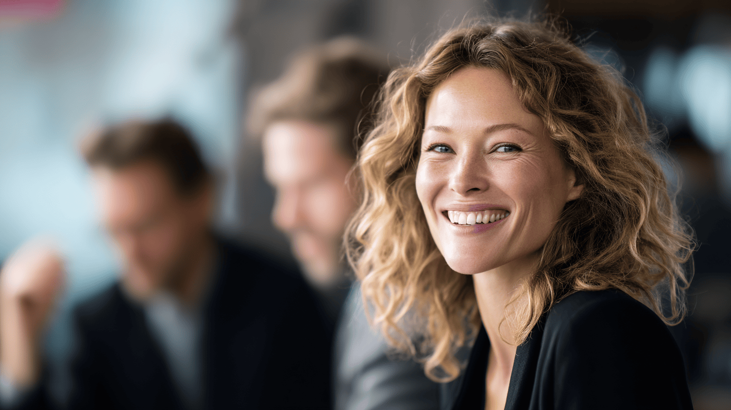 A smiling woman with curly hair sits in a cafe, blurred figures of two people are seen in the background.