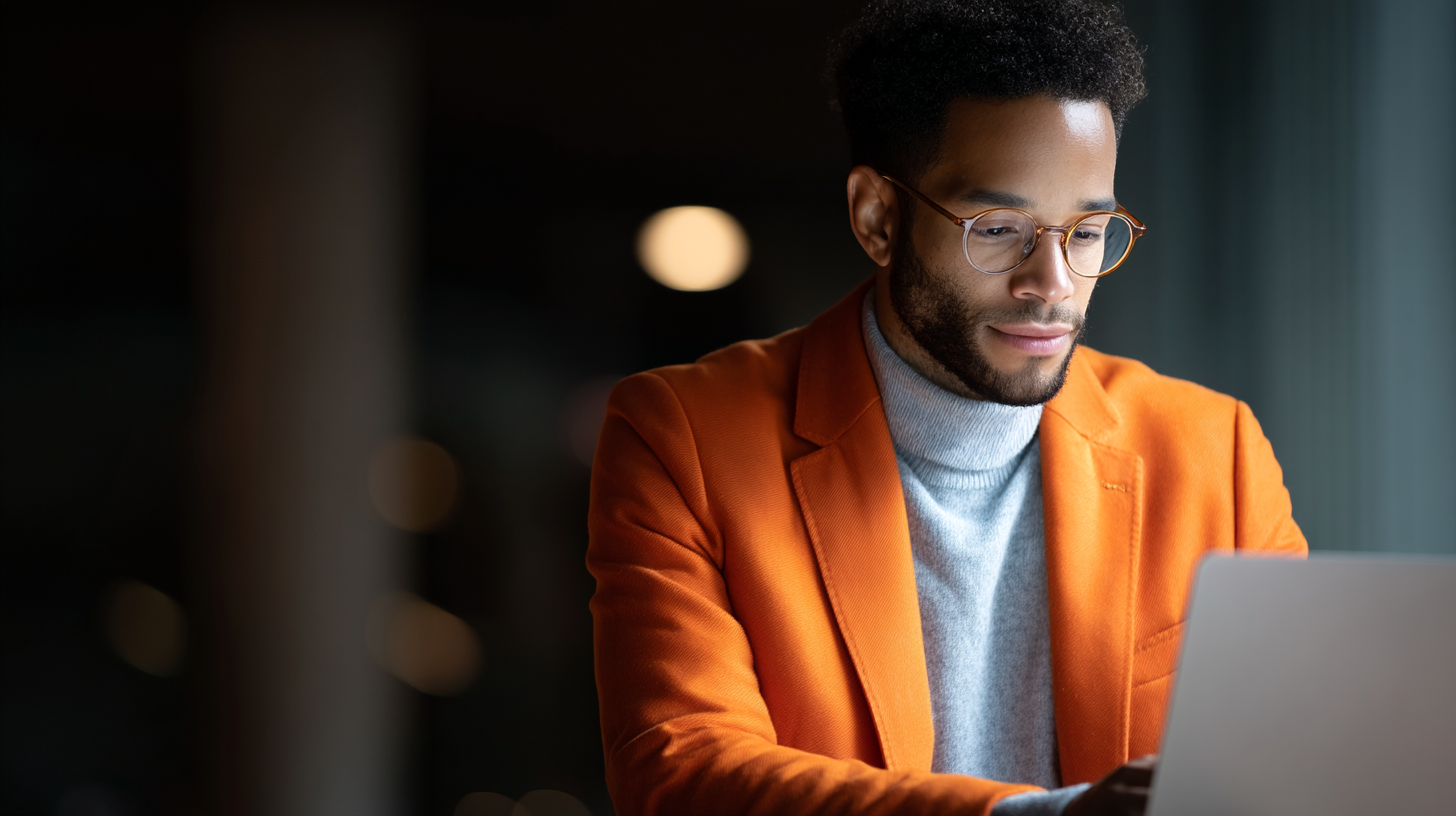 Man in an orange blazer and gray turtleneck working on a laptop in a softly lit environment.