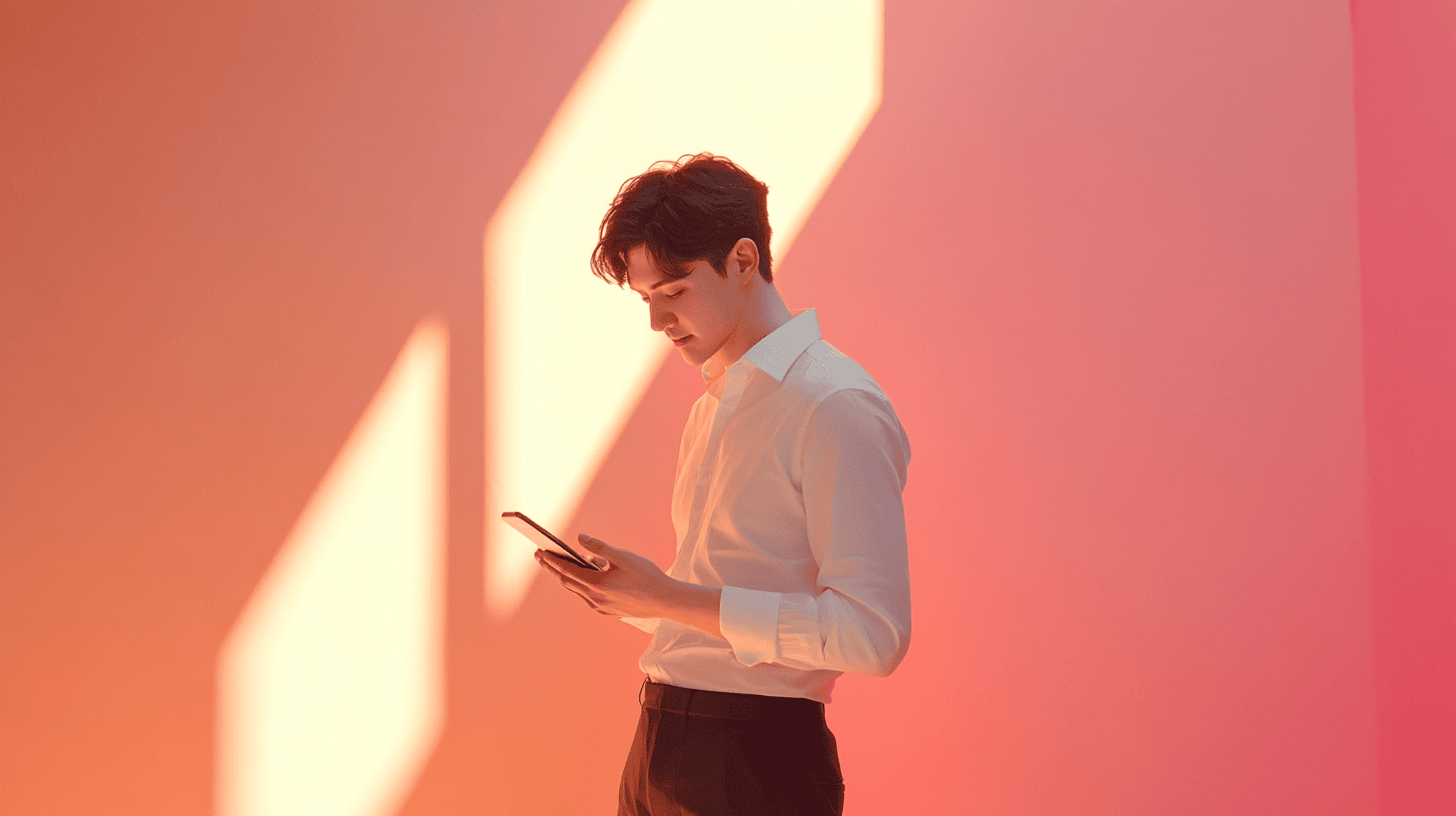 A young man in a white shirt stands against a pink wall, looking at his phone while bathed in soft, angled light.