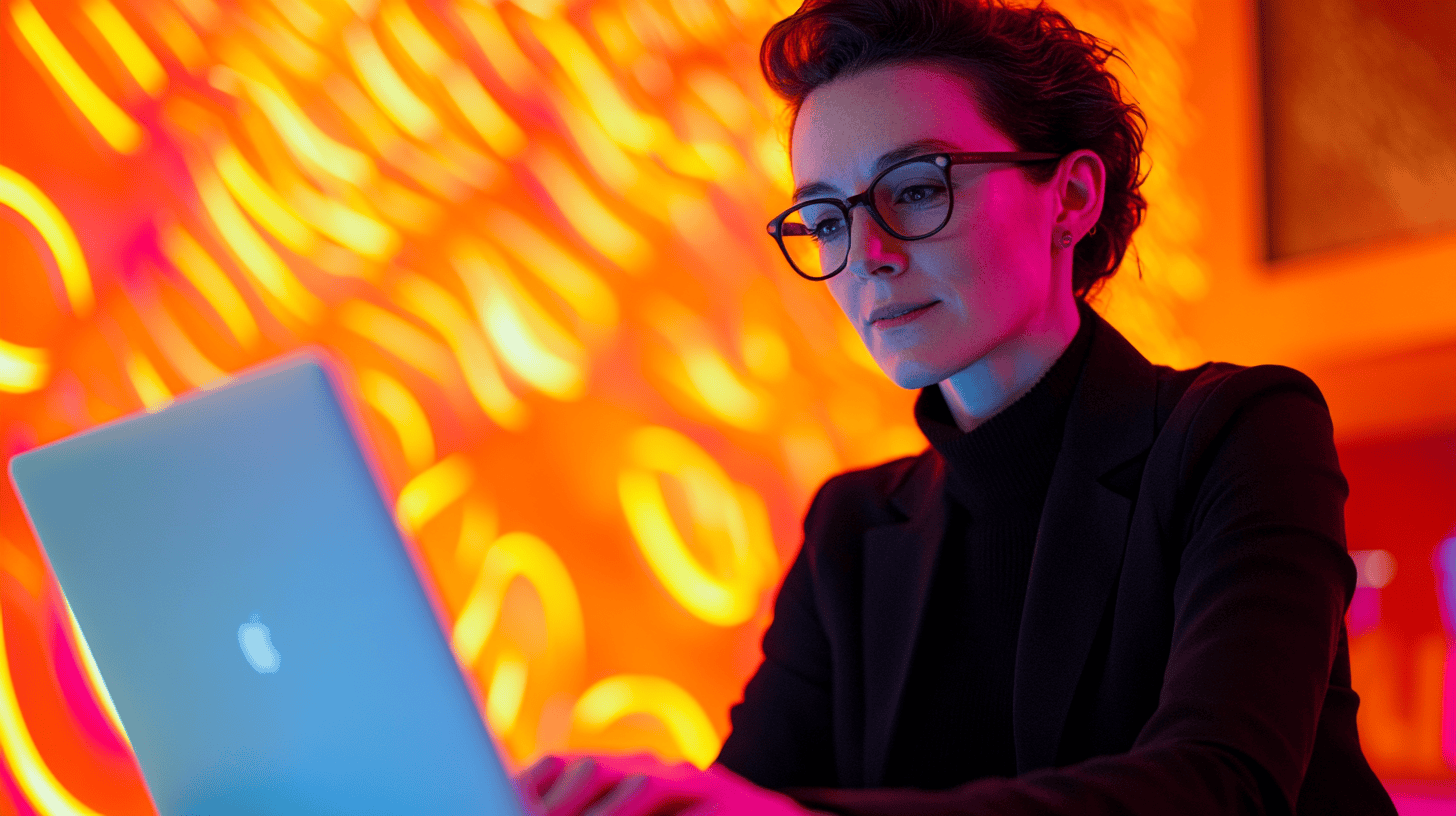 A woman in glasses works intently on a laptop, illuminated by a vibrant orange and purple background.