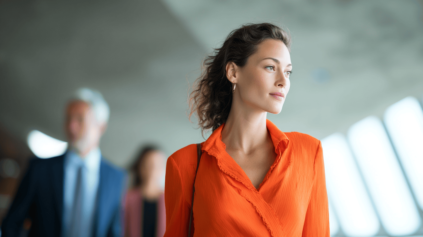 A confident woman in an orange blouse walks in an office setting, with blurred colleagues in the background.