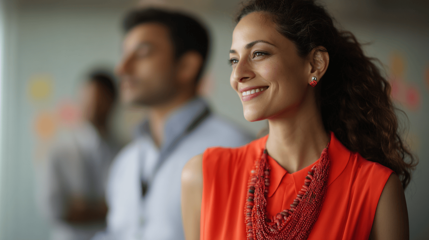 A woman in an orange top and statement necklace smiles, with blurred colleagues in the background and colorful notes on a wall.