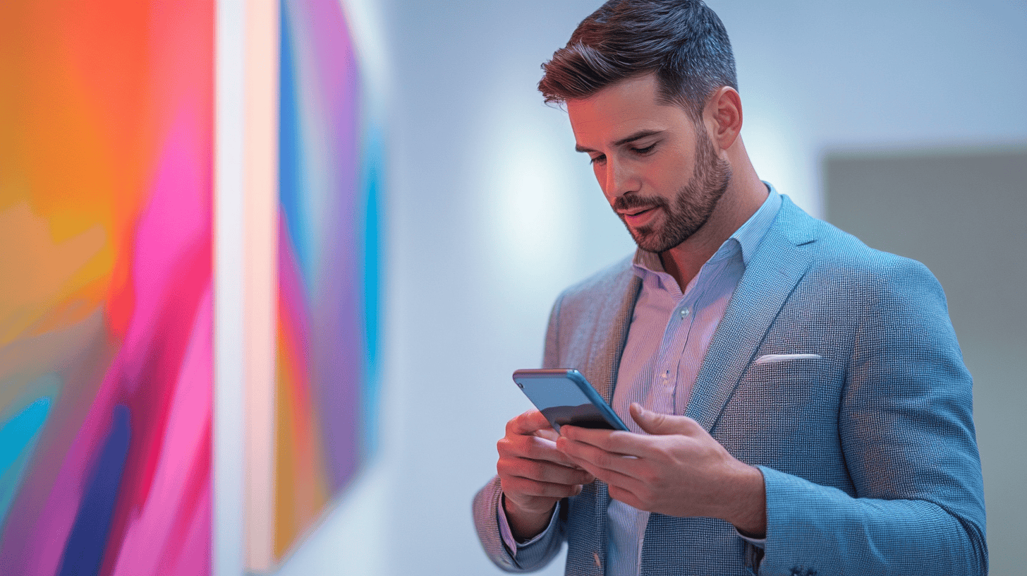 A man in a light blue blazer stands in an art gallery, focused on his smartphone with colorful abstract art in the background.
