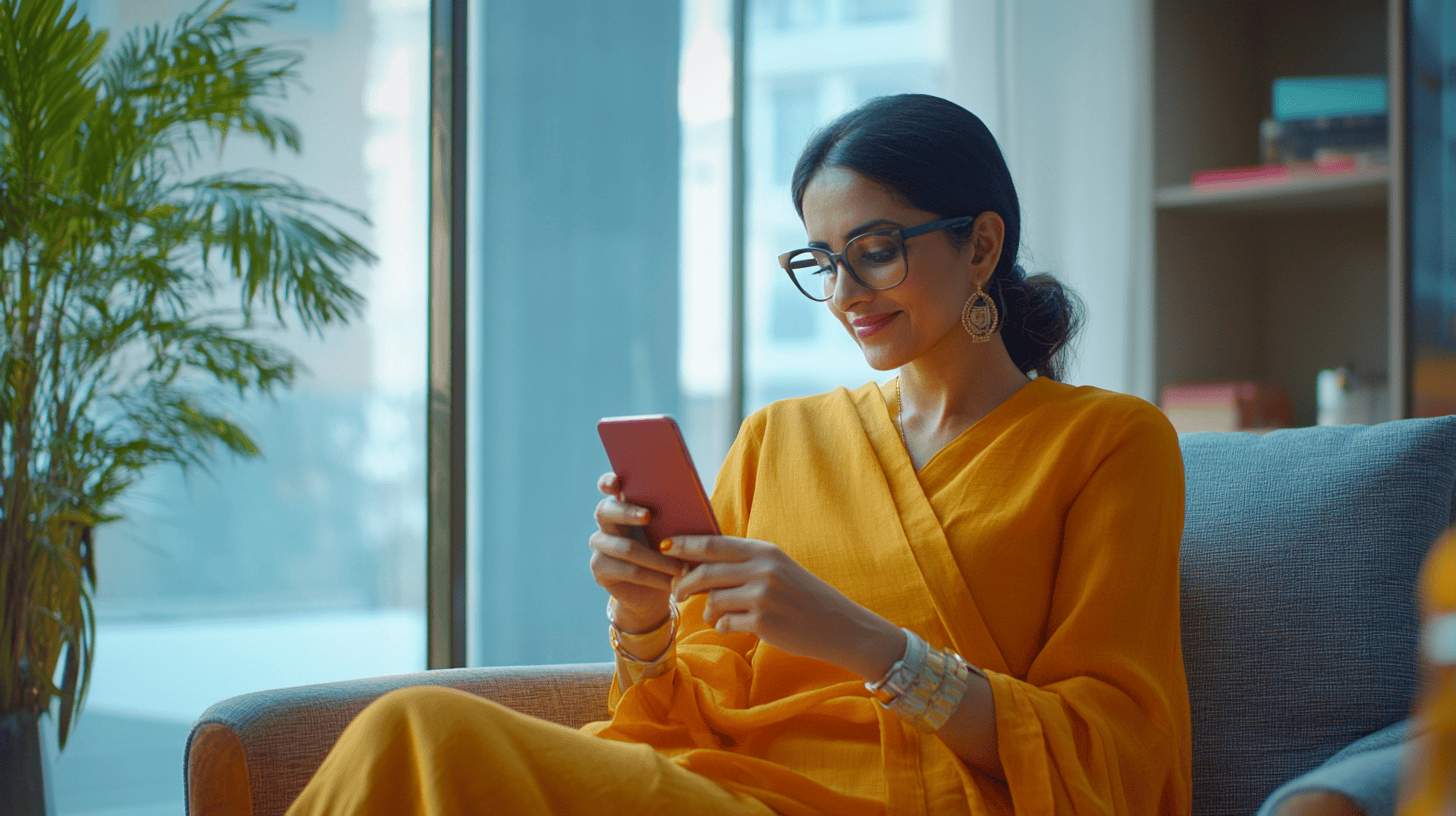 A woman in a yellow outfit sits on a couch, using a pink smartphone with a plant and window in the background.
