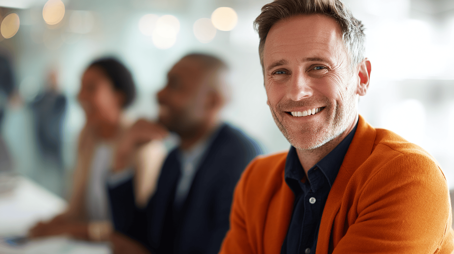 A smiling man in an orange cardigan sits at a table, with blurred colleagues in the background.