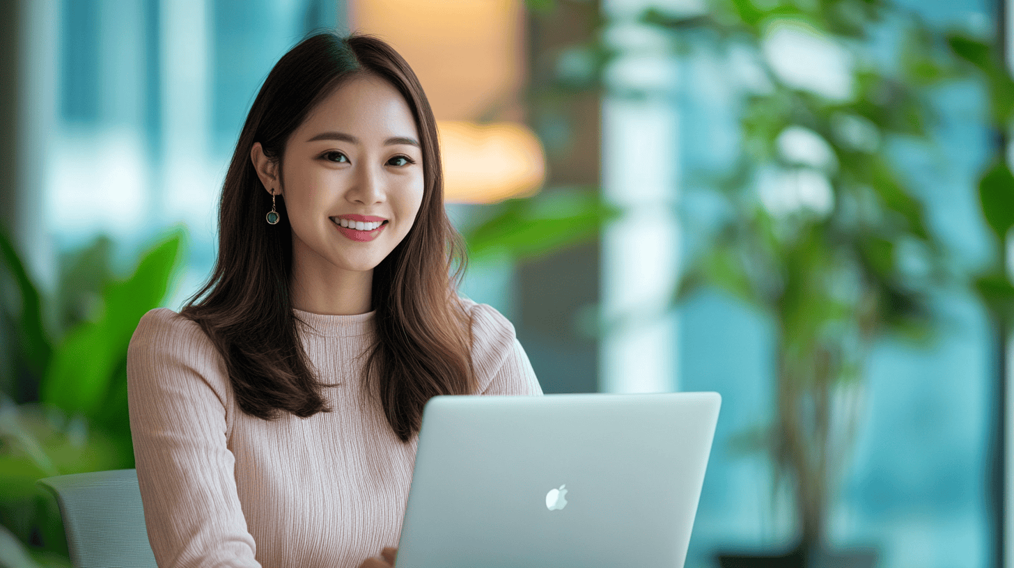 A woman with long hair smiles at a laptop in a bright office with green plants in the background.