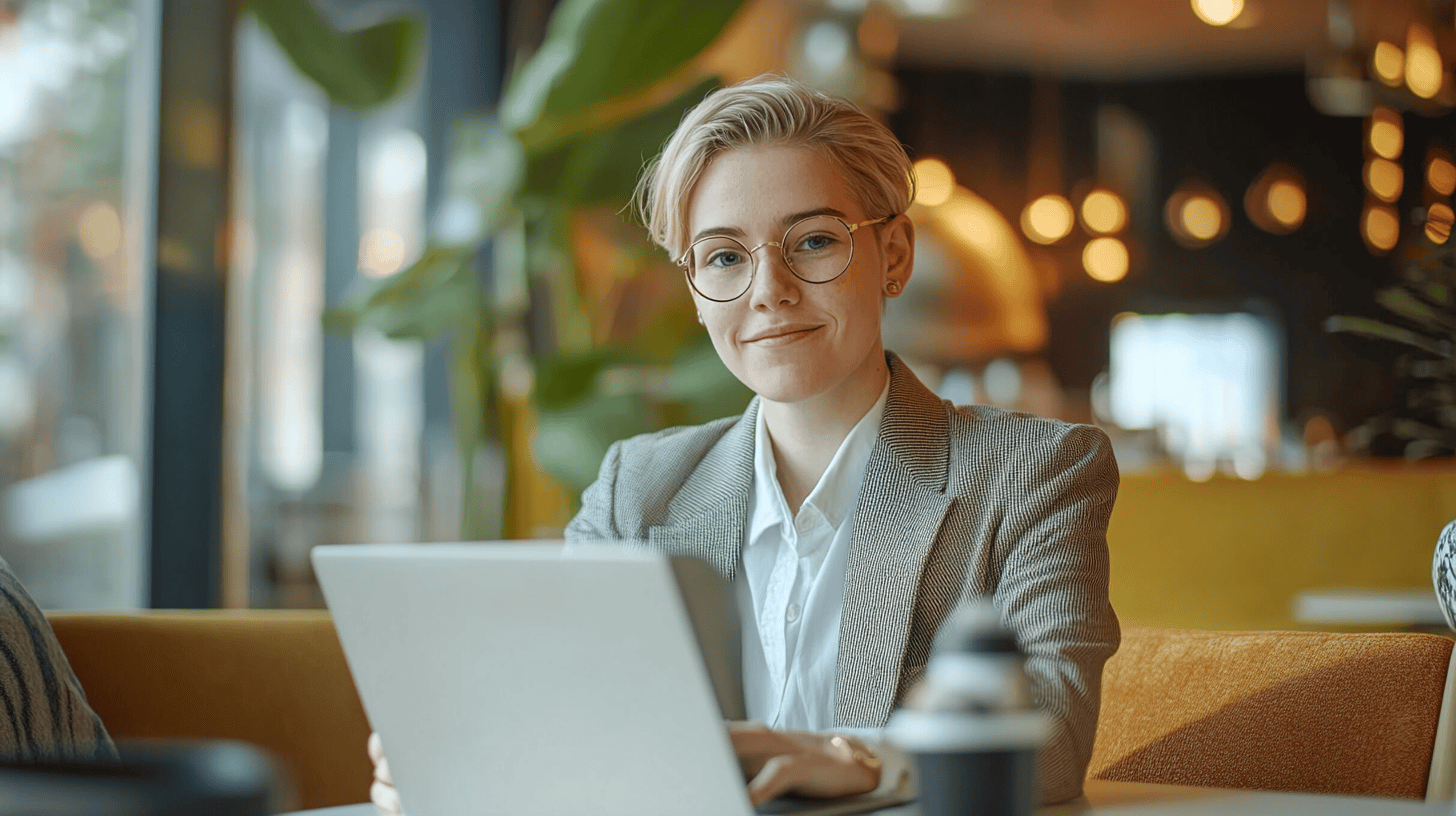A smiling person with short hair and glasses sits at a table, working on a laptop in a cafe with soft lighting.