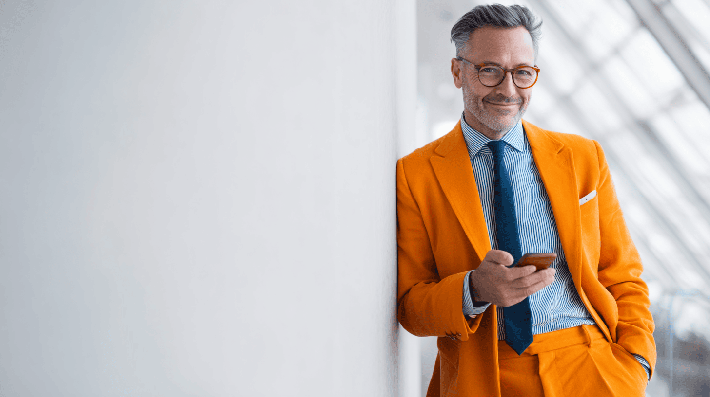 A man in an orange suit and glasses stands against a wall, holding a smartphone and smiling.