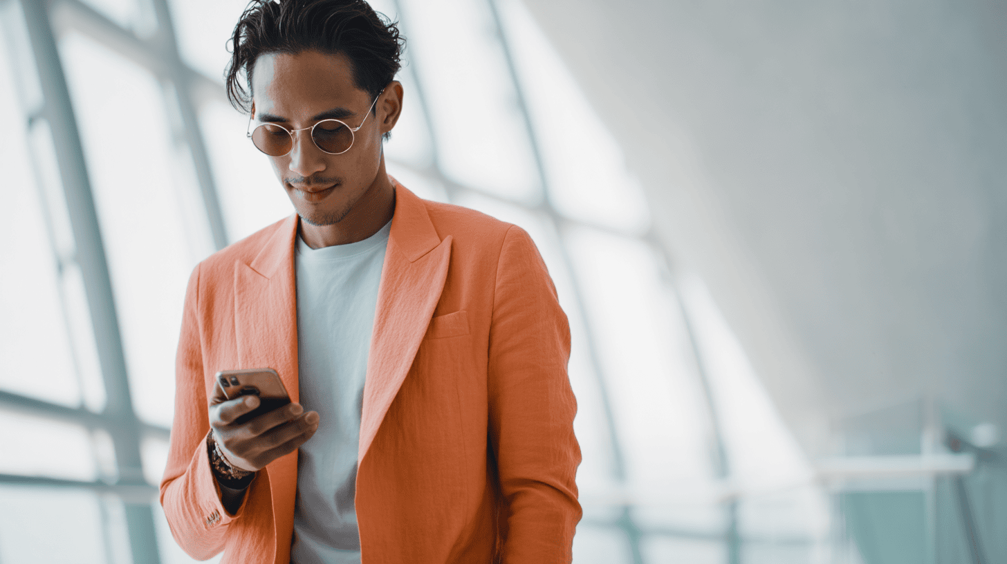 A man in an orange blazer and round sunglasses is looking at his phone indoors, stylishly poised against a bright backdrop.