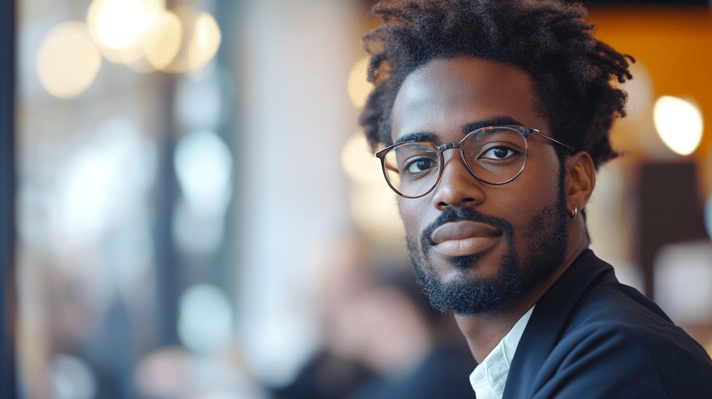 A young man with curly hair and glasses sits in a cafe, looking directly at the camera with soft lighting in the background.