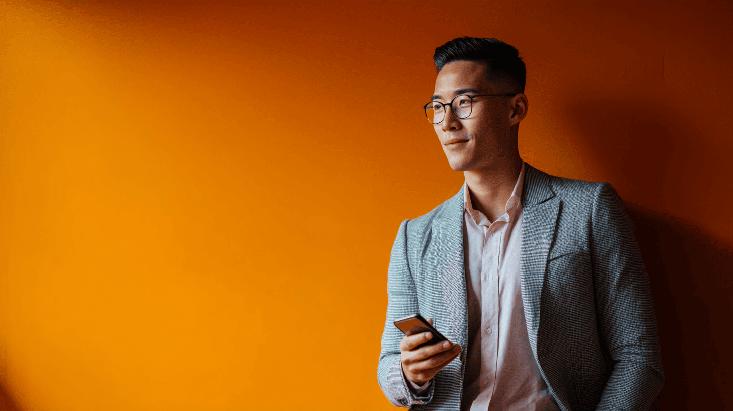 A man in a light grey suit and glasses stands against an orange wall, holding a smartphone and looking off to the side.