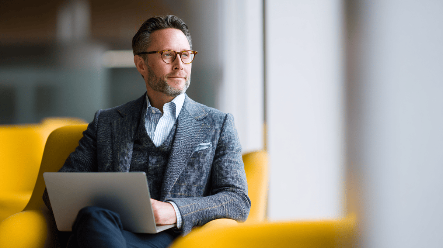 A man in a blazer and glasses sits on a yellow couch, looking out a window while using a laptop.