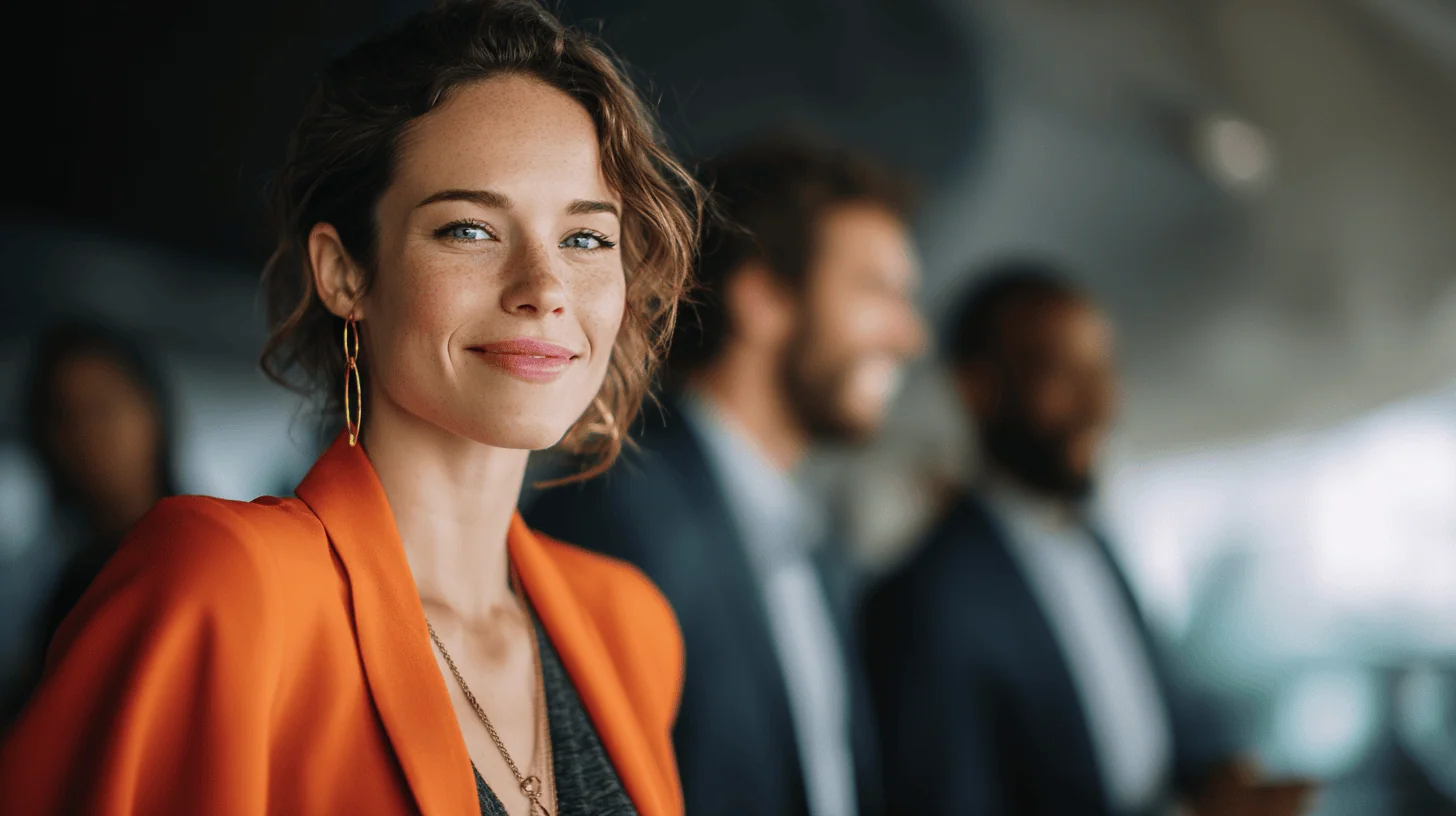 A smiling woman in an orange blazer stands in focus, with blurred individuals in business attire in the background.