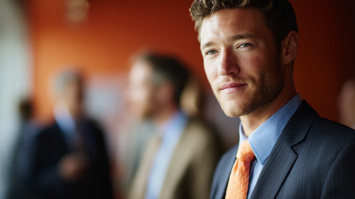 A professional man in a suit with a bright orange tie looks confidently at the camera, with blurred colleagues in the background.