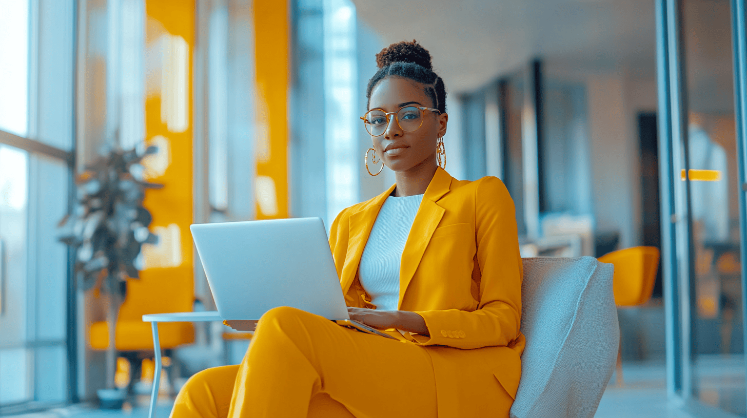 A woman in a bright yellow suit sits with a laptop in a modern office space, surrounded by large windows and plants.