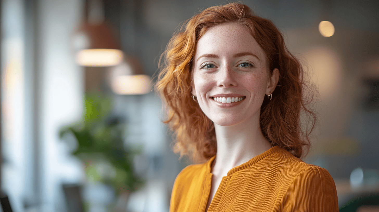 Smiling woman with curly red hair wearing a mustard blouse, set in a bright, modern indoor environment.