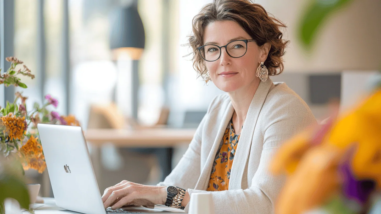 A woman with curly hair and glasses sits at a desk with a laptop, flowers, and a coffee cup, smiling gently at the camera.