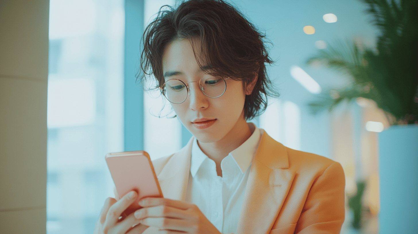 Person with wavy hair in glasses holds a pink smartphone, focusing intently in a modern, well-lit environment.