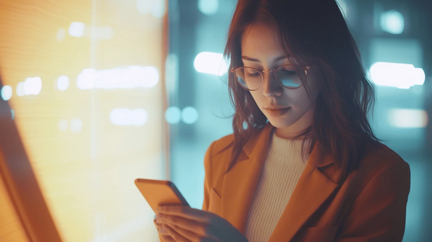 A young woman in an orange blazer and glasses looks at her smartphone against a softly lit backdrop.