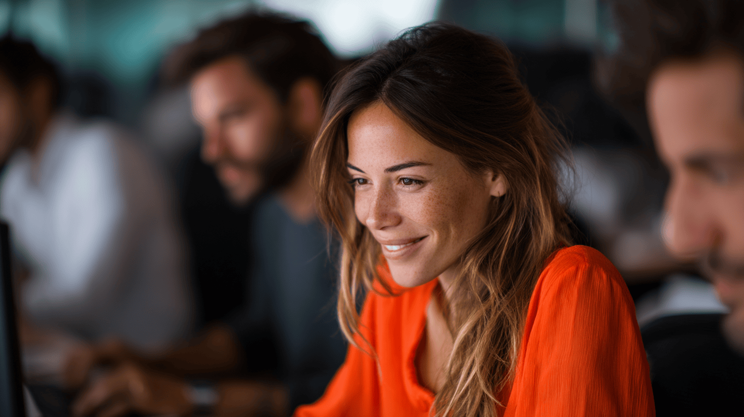 A woman in an orange top smiles while working on a laptop, with blurred colleagues in the background.