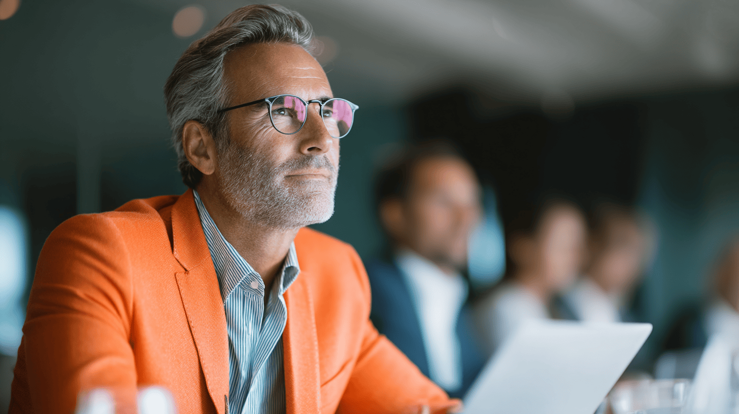 A man in an orange blazer looks thoughtfully while sitting at a conference table with blurred colleagues in the background.