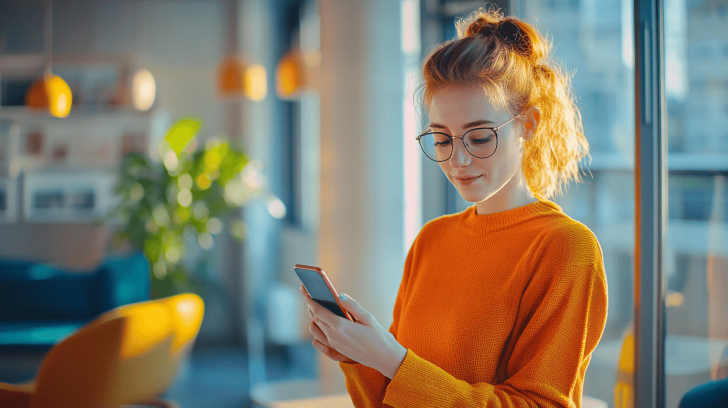 A young woman in an orange sweater and glasses is looking at her smartphone in a bright, modern room with plants.